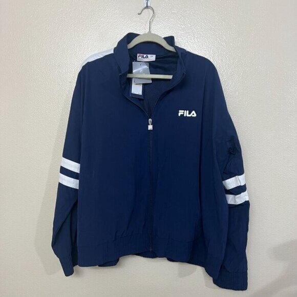 Fila Jovia Women Athletic Plus Size 2X Zip-Front Logo Track Jacket Navy White - Picture 1 of 12